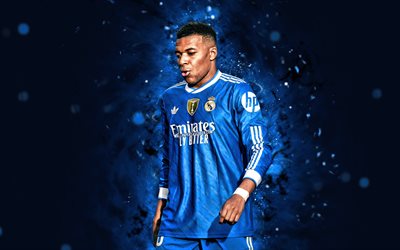 kylian mbappé, 4k, luces de neón azules, real madrid, la liga, futbolistas franceses, kylian mbappé 4k, fútbol americano, real madrid fc, fútbol, laliga, real madrid cf, kylian mbappé real madrid