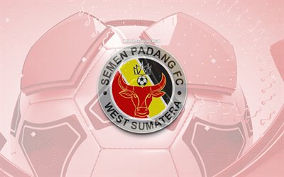 Semen Padang glossy logo, 4K, red football background, Liga 1 Indonesia, soccer, Indonesian football club, PSS Sleman emblem, Semen Padang, football, sports logo, Semen Padang logo