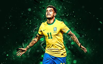 philippe coutinho, 4k, luces de neón verde, equipo de fútbol nacional de brasil, conmobol, futbolistas brasileños, philippe coutinho 4k, fútbol americano, fútbol, equipos nacionales, sudamerica, equipo de brasil de philippe coutinho, cbf