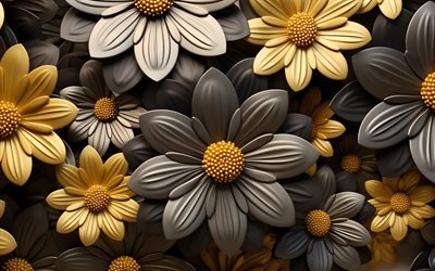4k, yellow 3D flowers, artwork, 3D floral patterns, floral backgrounds, creative, 3D flowers, yellow flowers, background with flowers, yellow floral backgrounds