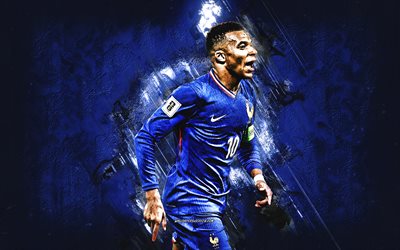 kylian mbappé, selección de fútbol de francia, futbolista francés, celebración de gol, francia, fondo de piedra azul, arte grunge, fútbol americano, kylian mbappé francia