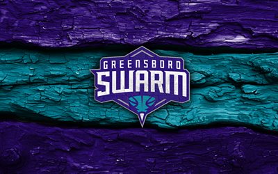 logotipo de madera de greensboro swarm, 4k, fondo de madera azul violeta, liga nba g, baloncesto, logotipo del enjambre de greensboro, emblema del enjambre de greensboro, equipo de baloncesto americano, enjambre de greensboro