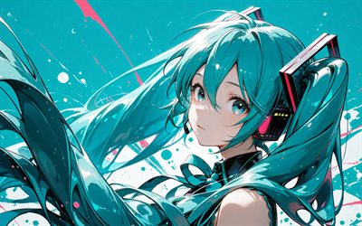 4k, hatsune miku, kreativ, vocaloid, porträt, türkisfarbener abstrakter hintergrund, vocaloid 01, türkisfarbene augen, miku hatsune, cv01, vocaloid charaktere, hatsune miku vocaloid