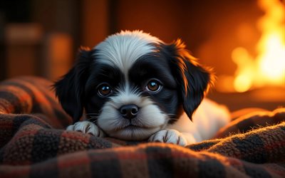 4k, جرو شيه تزو, عن قرب, مدفأة, حيوانات لطيفة, بطانية متقلب, خوخه, الجراء, غابة, كلاب, كمامة, شيه تزو, حيوانات أليفة, كلب في بطانية, كلب شيه تزو