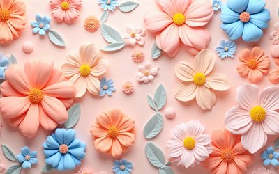 زهور ثلاثية الأبعاد ملونة, 4k, خلفية الزهور الوردية, أنماط الأزهار ثلاثية الأبعاد, الخلفية مع الزهور, أنماط الأزهار, زهور ثلاثية الأبعاد