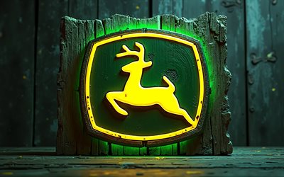 4k, John Deere wooden logo, green glare, creative, green wooden background, John Deere neon logo, brands, John Deere logo, engineering company, John Deere