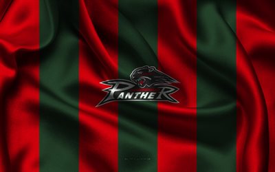 4k, logotipo de la pantera de augsburgo, equipo alemán de hockey sobre hielo, tela de seda roja verde, del, emblema de la pantera de augsburgo, pantera de augsburgo, alemania, hockey, signo de la pantera de augsburgo