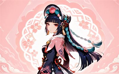 Yun Jin, 4k, pink abstract background, Genshin Impact, manga, anime characters, red eyes, Genshin Impact characters, Yun Jin Genshin Impact