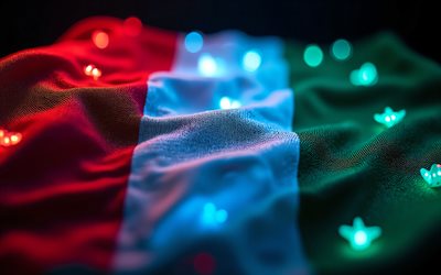 bandera italiana, 4k, oscuridad, bandera de italia, bandera italiana con luces de neón, bandera italiana creativa, italia, europa