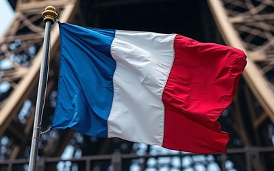 4k, bandera de francia en el asta de la bandera, bokeh, torre eiffel, bandera de francia, de cerca, bandera francesa, europa, ondas de tela bandera de francia, francia, bandera de francia 3d