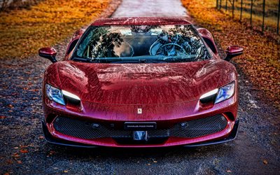 Ferrari 296 GTB, 4k, HDR, 2024 cars, supercars, autumn, Maroon Ferrari 296 GTB, rain, 2024 Ferrari 296 GTB, italian cars, Ferrari