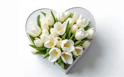 coração com tulipas brancas, 4k, fundo branco, flores da primavera, eu amo a primavera, conceitos de primavera, tulipas brancas, conceitos de amor, tulipas, eu te amo