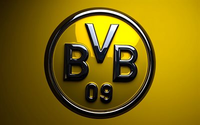 Borussia Dortmund metal logo, 4k, yellow metal background, BVB logo, Borussia Dortmund emblem, Borussia Dortmund logo, Bundesliga, Germany, football, Borussia Dortmund, BVB