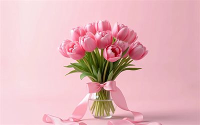 4k, tulipes roses, gros plan, minimalisme, vase en verre, fond rose, fleurs de printemps, bouquet de tulipes, belles fleurs, arc rose, printemps, fond avec des tulipes, fleurs roses, tulipes