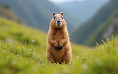 4k, cute capybara, mountain landscape, green grass, wildlife, capybaras, brown rodent, cute animals, rodents