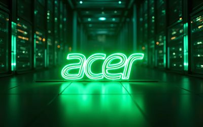 grünes neon logo von acer, 4k, dunkelheit, elektronikmarken, racks für rechenzentren, kunstwerk, acer logo, bokeh, markenlogo, acer neon logo, acer, marken, türkisfarbenes acer logo