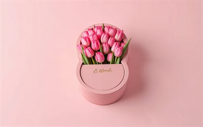 March 8, 4k, pink background, pink tulips, International Womens Day, tulip bouquet, March 8 greeting card, March 8 concepts, March 8 pink postcard