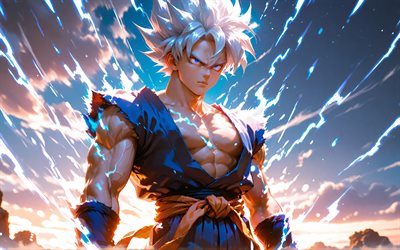 4k, goku ultra instinto, montañas, bola de dragón, iluminaciones violetas, migatte no gokui, ultra instinto dominado, dragon ball súper, son gokú, dios súper saiyajin, dbs