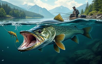 luccio, 4k, pesci predatori, avvicinamento, pesca, sott'acqua, pescatore su una barca, attrezzatura da pesca, pesca al luccio, pesca sul lago, estate, ricreazione, pesca estiva, concetti di pesca