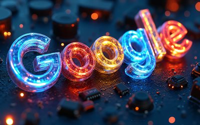 sinal brilhante 3d do google, fundo tecnológico, logotipo do google, sinal do google, emblema do google, arte criativa, sinal de néon do google, google