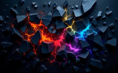 3D gray stone background, stone texture, stone background with neon veins, rainbow neon light, geometric stone background