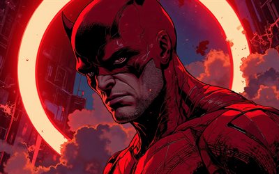 huimapäinen, 4k, sarjakuva, supersankareita, marvel sarjakuvat, taideteos, punaiset neonsormukset, rohkea taide, fanitaidetta, daredevil 4k