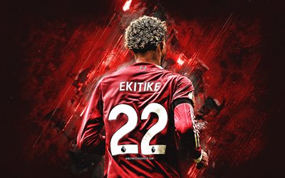 hugo ekitike, liverpool fc, fransız futbolcu, arkadan görünüş, liverpool, kırmızı taş arka plan, sanat, premier lig, ingiltere, futbol, hugo ekitike liverpool fc