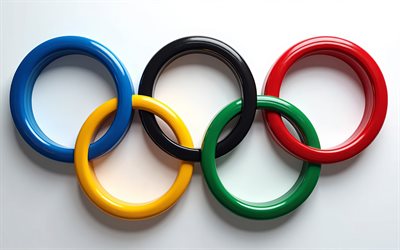 anneaux olympiques, 4k, fond blanc avec anneaux olympiques, symboles des jeux olympiques, jeux olympiques de 2028, jeux olympiques d'été de 2028, los angeles 2028, symboles sportifs