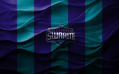 4k, Greensboro Swarm logo, blue purple 3D background, Greensboro Swarm emblem, NBA G League, American basketball team, Greensboro Swarm flag, 3D texture, Greensboro Swarm, basketball, USA