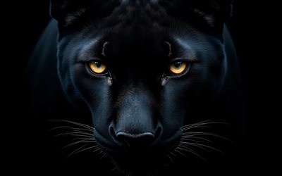 schwarze pantheraugen, 4k, schwarzer hintergrund, panthers blick, schwarzer panther, schwarzer puma, wilde augen, der blick des raubtiers, tierwelt, raubtiere, panther