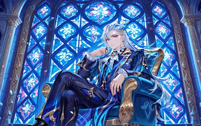 4k, neuvillette, sillón azul, vidrieras, impacto de genshin, violinista, personajes de anime, obra de arte, personajes de impacto de genshin, impacto de neuvillette genshin