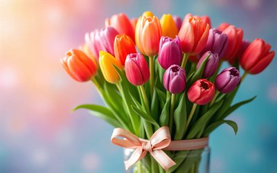 4k, زهور التوليب الملونة, عن قرب, تقليلية, خلفية ملونة, زهور الربيع, باقة من زهور التوليب, زهور جميلة, القوس الوردي, ربيع, الخلفية مع زهور التوليب, زهور ملونة, زهور التوليب