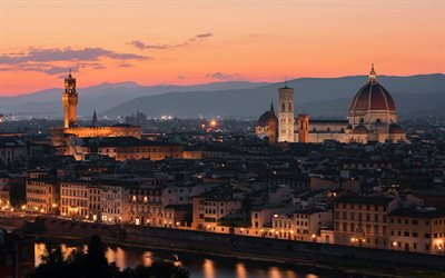 catedral de florencia, florencia, catedral de santa maría de la flor, palacio viejo, ayuntamiento de florencia, panorama de florencia, noche, atardecer, horizonte de florencia, italia