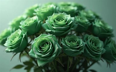 strauß grüner rosen, 4k, grüner strauß, grüne rosenknospen, riesiger hintergrund mit rosen, grüne rosen, romantischer blumenstrauß, rosen