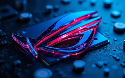 logotipo de vidro roxo rog, 4k, fundo de tecnologia azul, república dos jogadores, emblema rog, logotipo roxo 3d rog, sinal de vidro roxo rog, asus rog, placa mãe azul, sinal rog, logotipo da rog, rog