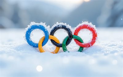 jeux olympiques d'hiver, 4k, neige, hiver, anneaux olympiques dans la neige, jeux olympiques d'hiver de 2026, anneaux olympiques, milan cortina 2026, xxves jeux olympiques d'hiver