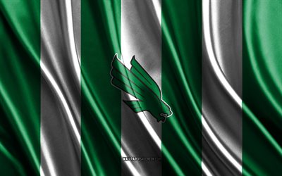 4k, logo vert moyen du nord du texas, ncaa, texture de soie blanche verte, drapeau vert moyen du nord du texas, club de football américain, drapeau en soie, emblème mean green du nord du texas, usa, vert moyen du nord du texas