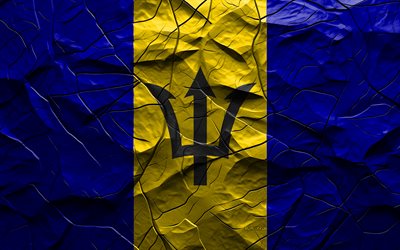 4k, علم بربادوس, نسيج الحجر, أمريكا الشمالية, علم بربادوس ثلاثي الأبعاد, الخلفية مع الشقوق, بربادوس