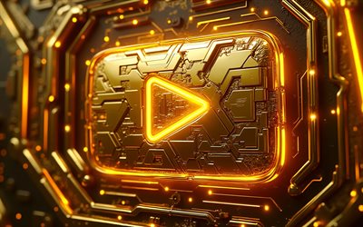 4k, goldener youtube button, bokeh, goldener 3d hintergrund, youtube metalllogo, soziales netzwerk, marken, youtube 3d logo, kunstwerk, youtube logo, youtube