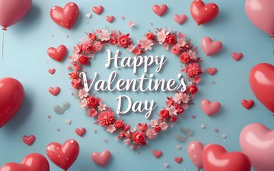 4k, عيد حب سعيد, مبدع, خلفية زرقاء, إطار زهرة على شكل قلب, تحيات عيد الحب, إطار زهور ثلاثي الأبعاد, 14 فبراير, مفاهيم الحب, قلوب ثلاثية الأبعاد ملونة, نقش عيد الحب سعيد
