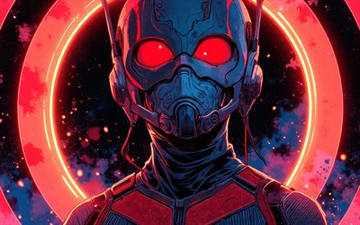4k, homem formiga, escuridão, anéis de néon vermelhos, arte em quadrinhos, quadrinhos da marvel, super heróis, arte abstrata, arte do homem formiga, arte dos fãs
