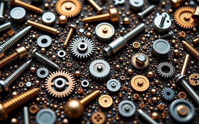 기계적인 3d 배경, 4k, 클로즈업, 다채로운 기어, 금속 부품, 스프링, 나사, 볼트, 기어, 기계적 패턴, 메커니즘, 혼란스러운 위치