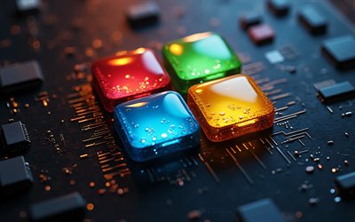 logotipo colorido 3d da microsoft, 4k, logotipo do windows 11, windows, fundo tecnológico, fundo de tecnologia preta, logotipo da microsoft, sinal da microsoft, emblema da microsoft, logotipo do windows em vidro 3d