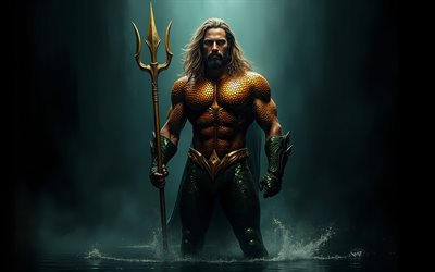 어둠 속의 아쿠아맨, 4k, 칼을 든 아쿠아맨, 카타나, 아쿠아맨 캐릭터, 검은 벽, 아쿠아맨 슈퍼히어로, 슈퍼 히어로, 아쿠아맨
