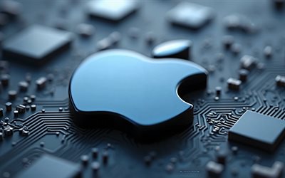 apple blaues metalllogo, 4k, dunkelblaues motherboard, apple logo, apple emblem, apple zeichen, dunkelblauer technologiehintergrund, apple blaues 3d logo, apfel