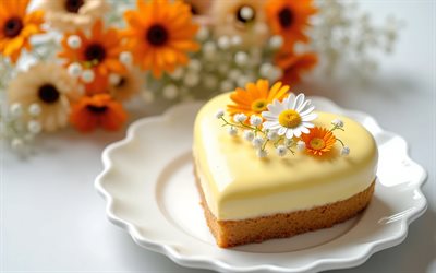 Heart shaped cake, cheesecake, cake with flowers, orange flowers, sweets, baked goods, cakes, cheesecakes