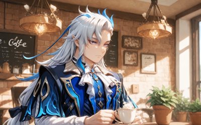 4k, neuvillette, taza de cafe, cafetería, impacto de genshin, protagonista, violinista, personajes de anime, obra de arte, personajes de impacto de genshin, impacto de neuvillette genshin