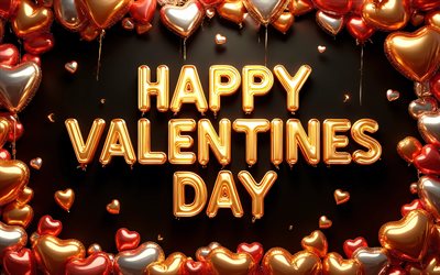 4k, joyeuse saint valentin, lettres dorées brillantes, fond noir, salutations de la saint valentin, cadre coeurs 3d, 14 février, notions d'amour, coeurs 3d colorés, inscription joyeuse saint valentin