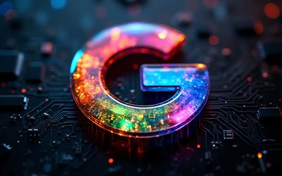 logotipo de cristal de colores de google, 4k, logotipo brillante de google, fondo tecnológico, logotipo de google, emblema de google, signo de google, fondo de tecnología negro, google, logotipo de google de vidrio