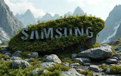 logotipo de samsung cubierto de musgo, 4k, paisaje de montaña, emblema de samsung, logotipo de samsung, signo de samsung, logotipo de piedra de samsung, samsung